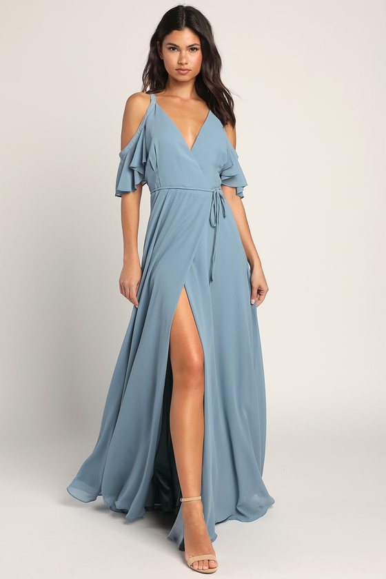 Slate Blue OTS Dress - Maxi Wrap Dress - Cold-Shoulder Dress - Lulus
